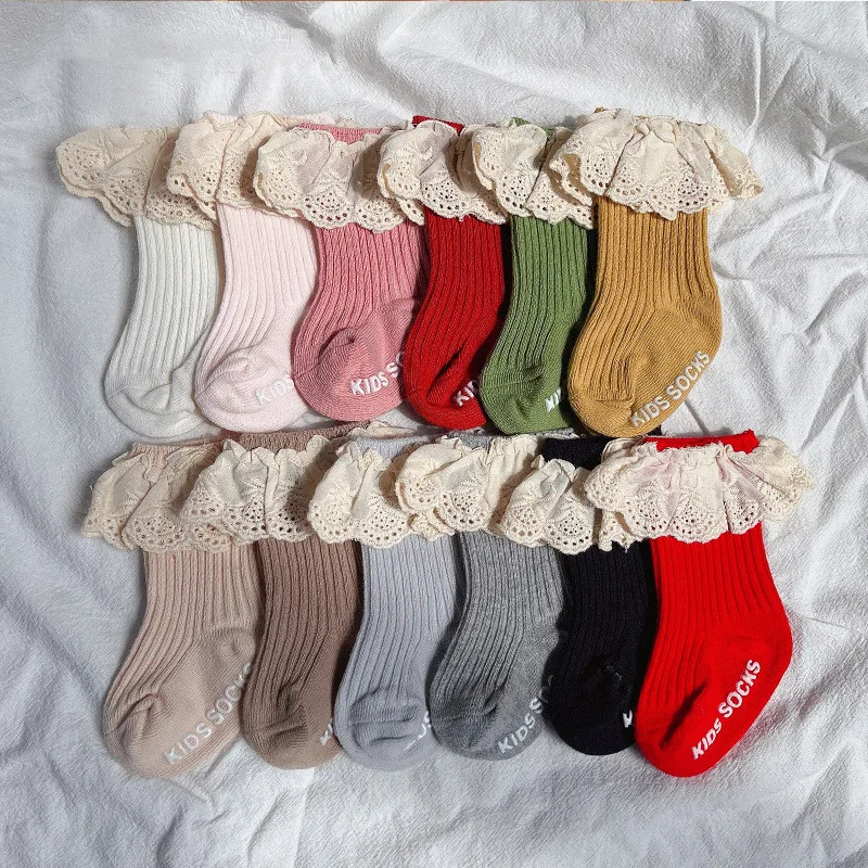 

1 Pair Baby Girl Socks Ins Spain Fashion Calf Sock Ruffle Frily Princess Toddler Sock Spring Autumn Non-slip Floor Newborn Sock