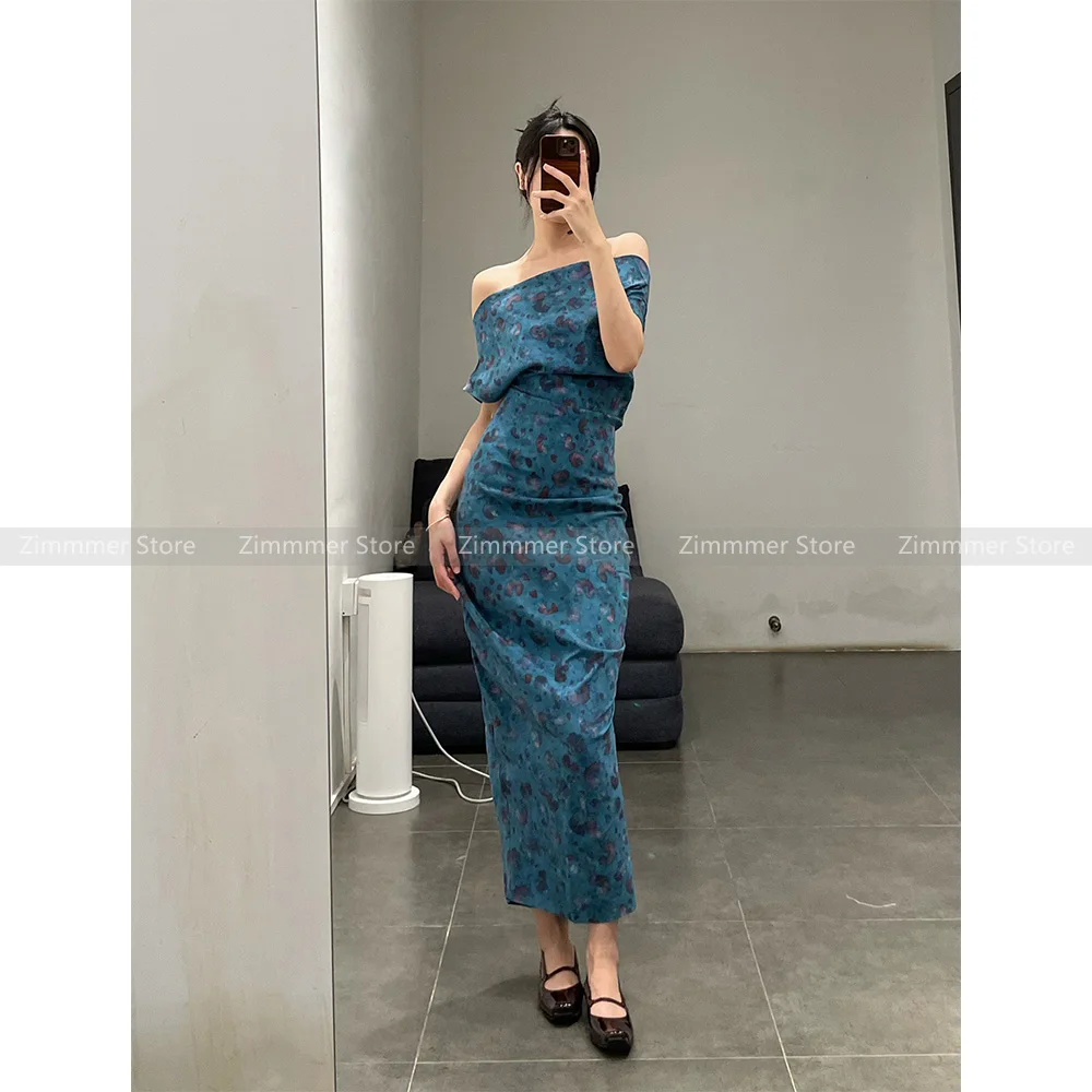 

Spanish Niche~Multi-Wear Design Asymmetric Half Circle Printed Slanted Shoulder Silk Dress