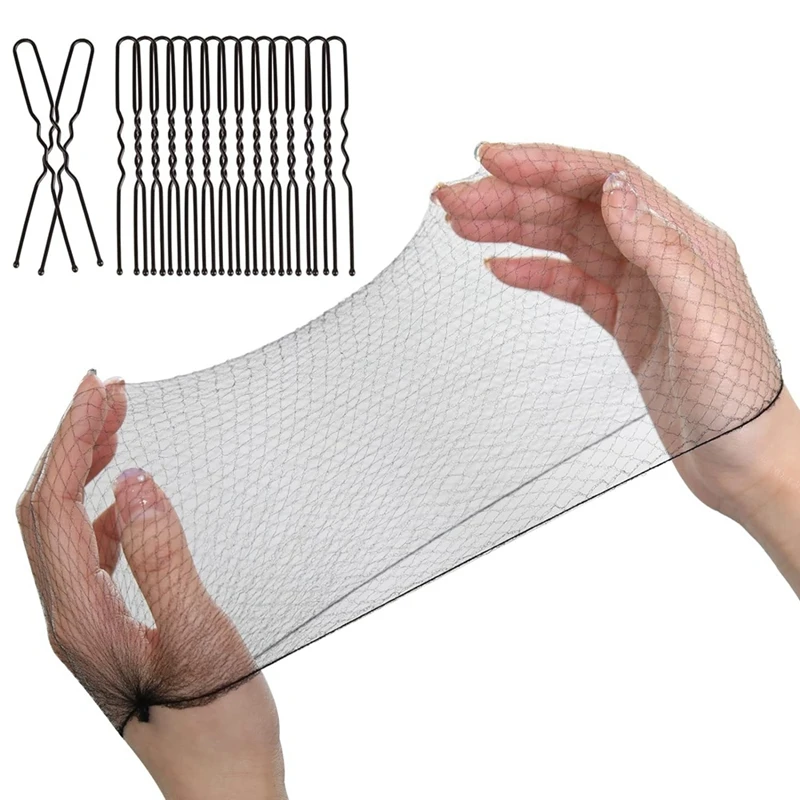 

100Set Hair Nets And U Shaped Hair Pins Set,24In Invisible Mesh Elastic Edge Hair Net For Women Food Service,Ballet Buns