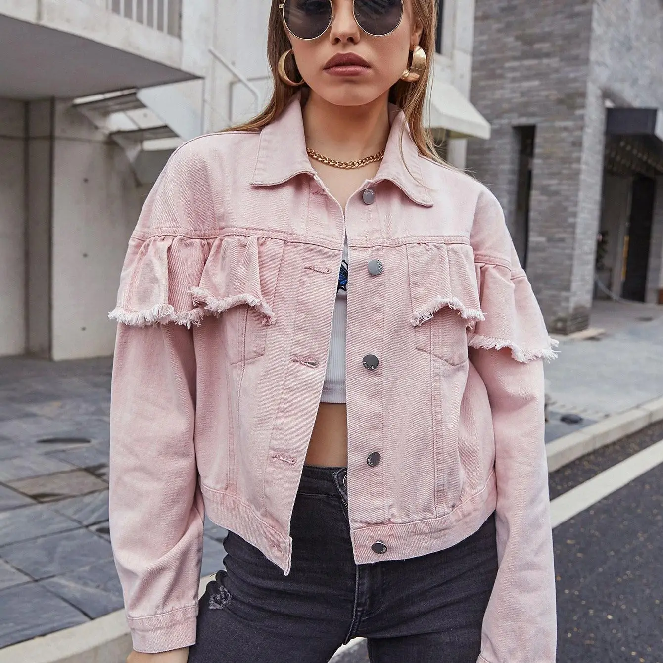 

Women's ort Denim Jaet Casual Autumn Coat New Faion Ladies' Slim Fit Sle Polyester And Nylon Material Blend