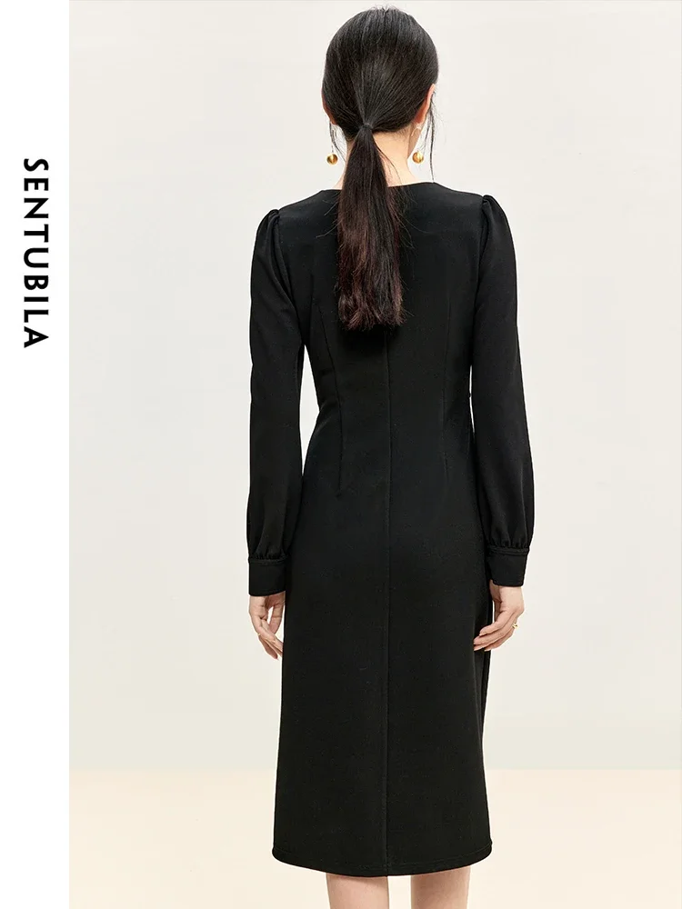 SENTUBILA Knitted Square Neck Black Dress  2024 Autumn A Line Retract Waist Long Sleeve Elegant Knee-length Dress 143L56674