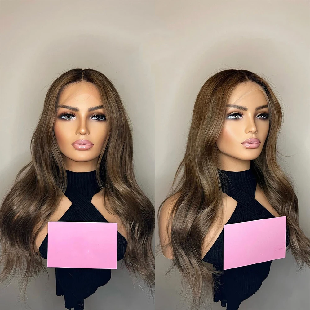 

13x4 Lace Front Wig HD Glueless Wavy Wig for Women Toffee Brown w Dark brown Root Natural Look Synthetic Heat Resistant Fibre
