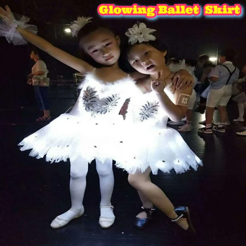 

Glowing Ballet Tutu Skirt Dance Performance Sparkly Stage Costume Beginner Ballerina Outfit Long Sleeve Leotard Sheer Chiffon