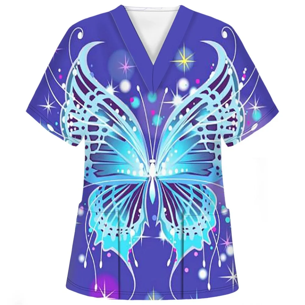 Medical Clothes Elegant Butterfly Print V-Neck Surgical Uniform Woman Short Sleeve Color Patch Pocket Top Clinical Uniform Woman