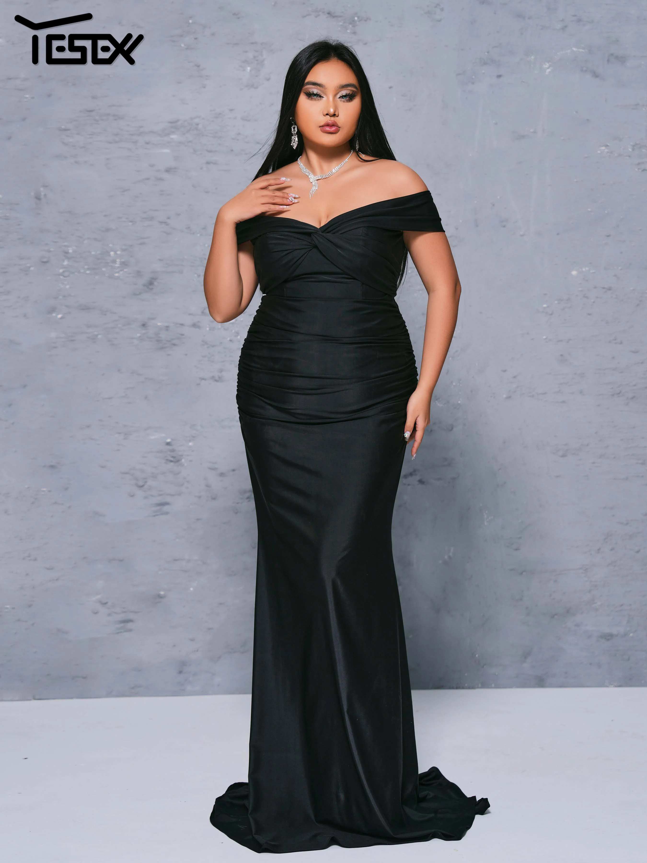 Yesexy Plus Size Black Ruched Off Shoulder Mermaid Evening Floor Length High Quality Luxury Dress