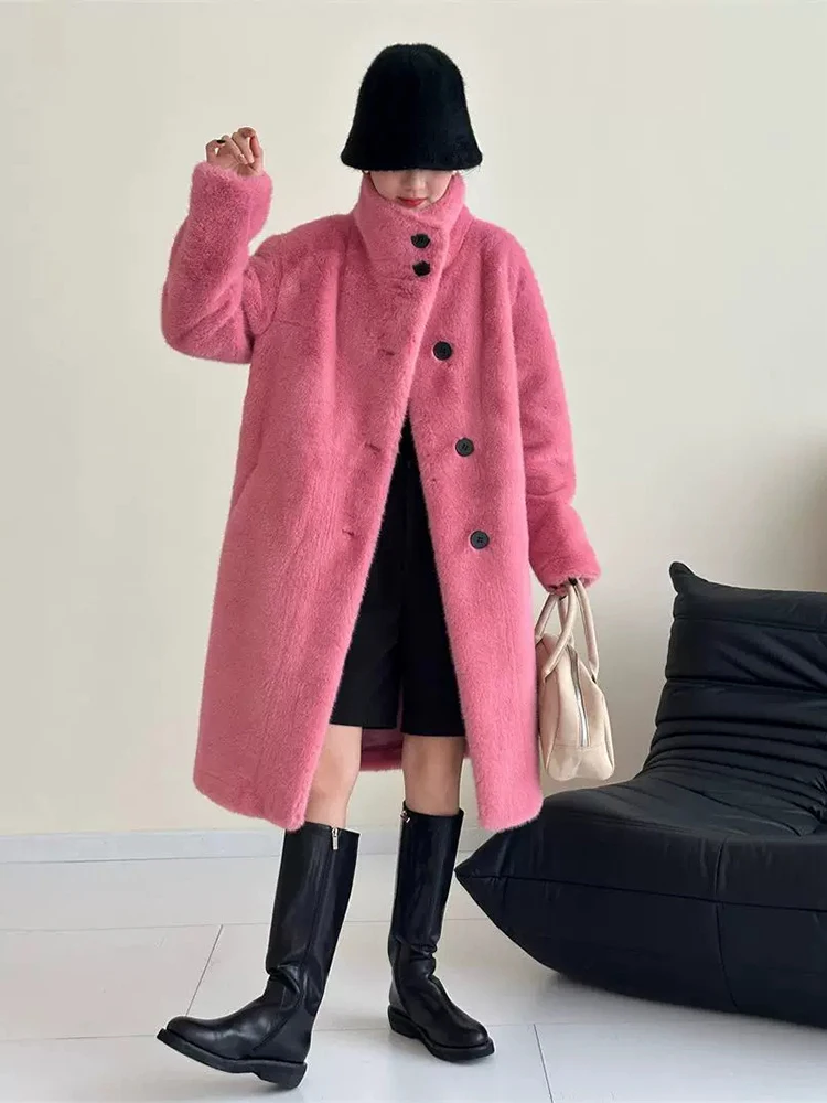 LANMREM Fashion Imitation Mink Fur Women's Coat Stand Collar Single Breasted Solid Color Mid Length Coats 2024 Winter New 2Z2626