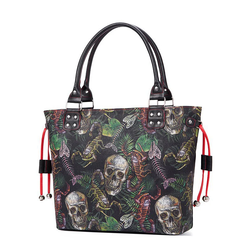 

SHELKSBAG Tote Bag Women 2025 New Large Capacity Canvas Shoulder Handbag Fashion Skull Printed Vintage Punk Crossbody Bag