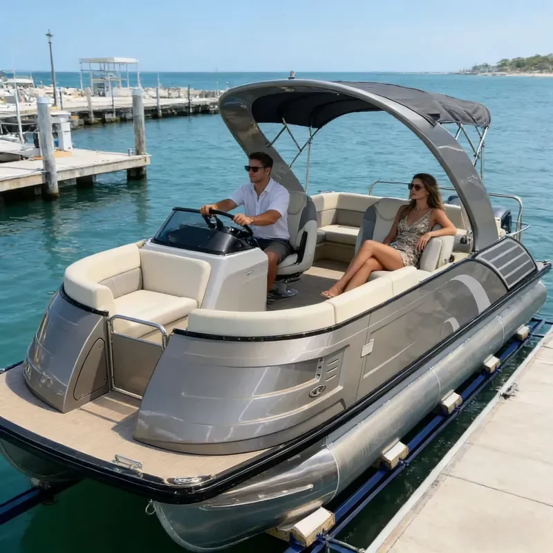 Comfort ECOCAMPOR elegant pontoon boat captain console lounge seating open deck smooth ride leisure water pontoon boat