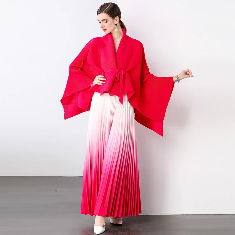 New Elegant Autumn Gradient Miyake Fashion 2 Piece Set Women V Neck Batwing Sleeve Lace Up Loose Tops + Long Pleated Skirt Suits