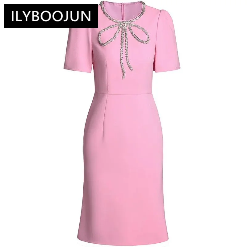 

ILYBOOJUN Fashion Women's New Summer Short-Sleeved Nail Beads Hip Wrap Elegant Beaded Office Lady Slim-Fit A-Line MIDI Dresses