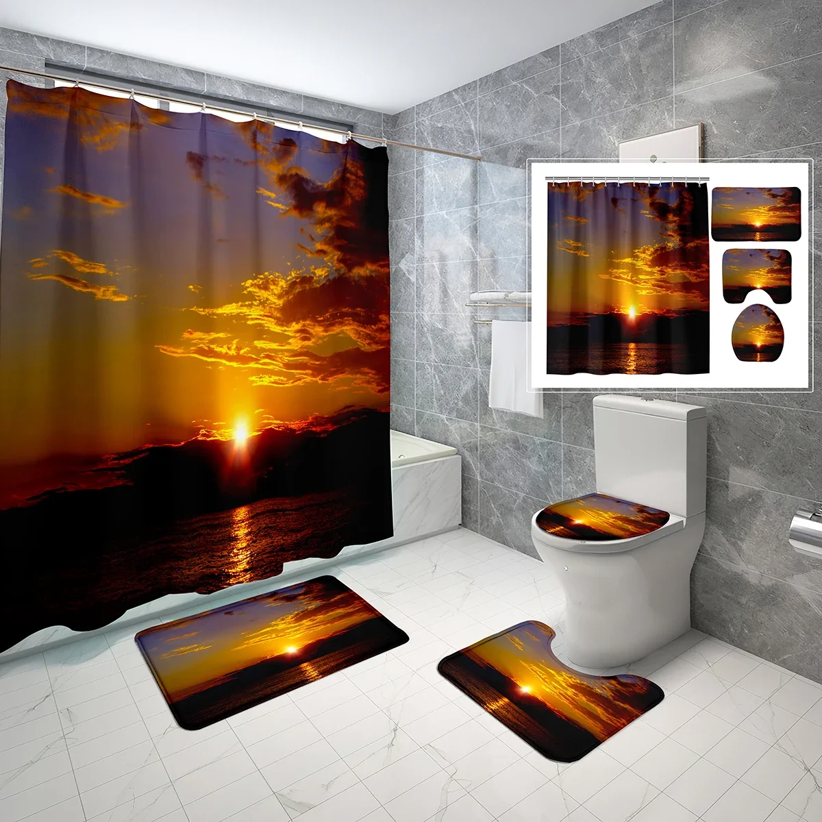 Landscape Theme Shower Curtain Sets 4 Pcs with Non-Slip Rugs Mat Toilet Lid Pier Dusk Purple Sky Waterproof Shower Curtain Set