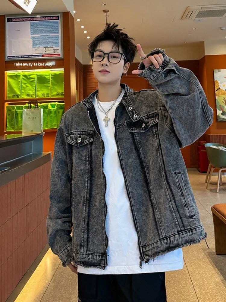 

Retro Sli Men's Denim Jaet with oulder Pads Couple Sle Stand Collar American Sle Jaet Youth Trend Autumn Wear