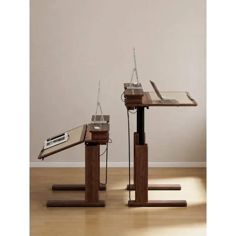 Electric Height Adjustable Desk Solid Black Walnut Wood Folding Computer Table Home Office Study Workstation Modern