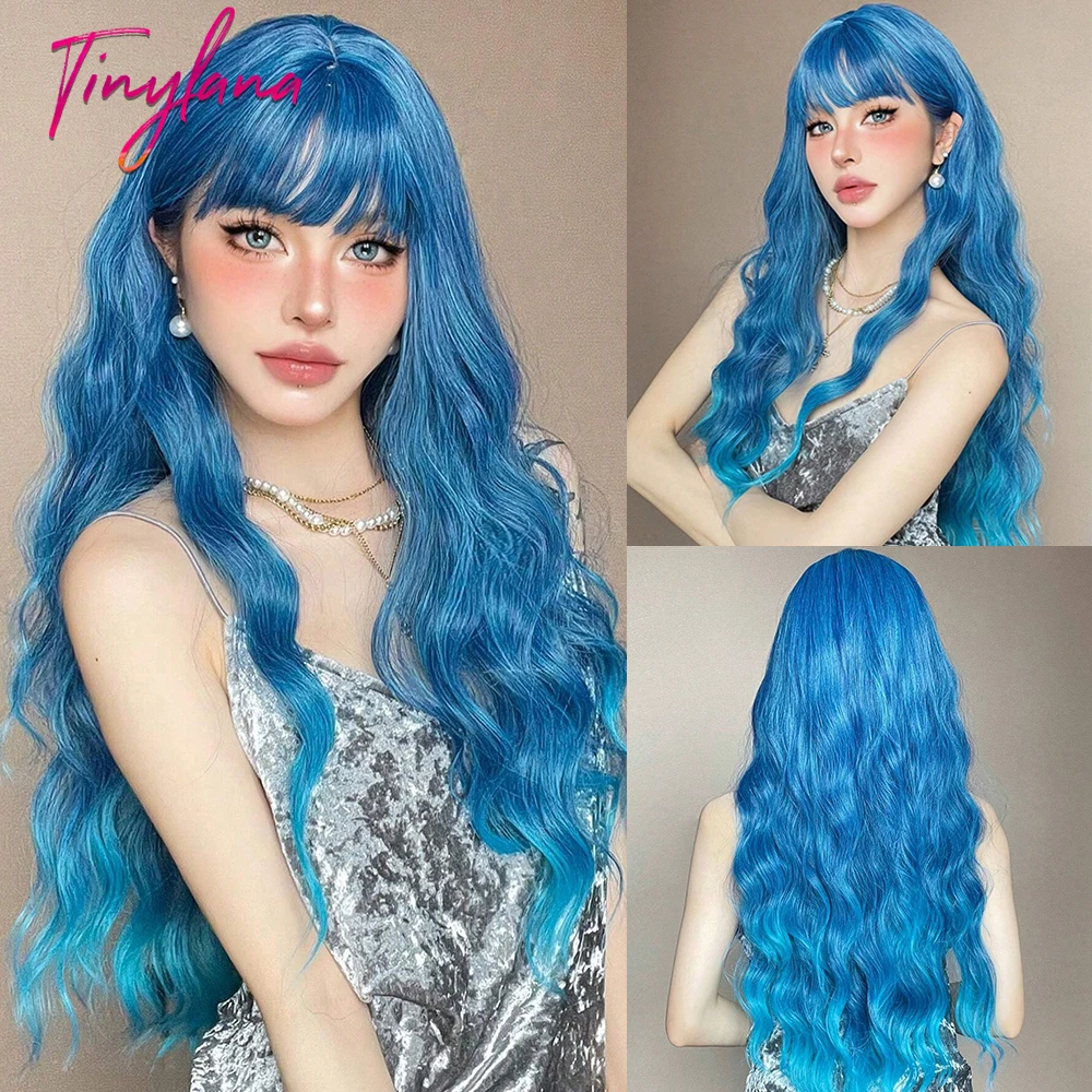 Curly Long Colored Blue Ombre Wave Synthetic Wigs with Bangs for Women Lolita Blue Cosplay Wig Daily Natural Hair Heat Resistant