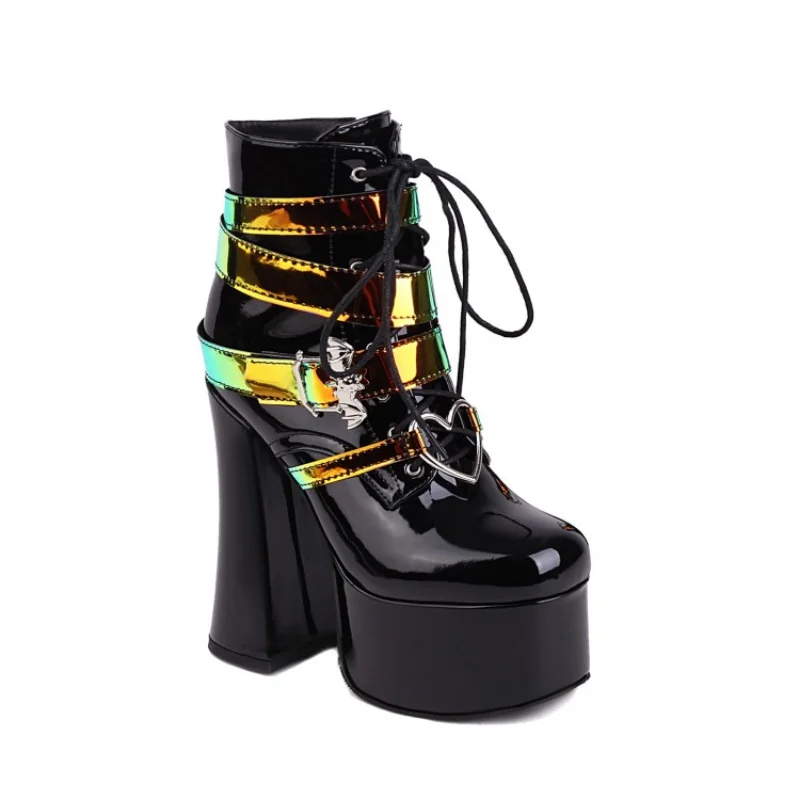 Sequins fashion ankle & bootie Ladies\' platform BOOTS Belt buckle Square toes Lace-up Wedge heel boots esque