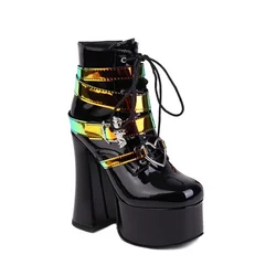 Sequins fashion ankle & bootie Ladies' platform BOOTS Belt buckle Square toes Lace-up Wedge heel boots esque