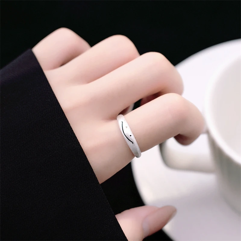 WYEAIIR 925 Sterling Silver Cute Brushed Smiling Face Art Creativity Fine Jewelry Luxury Resizable Opening Female Ring