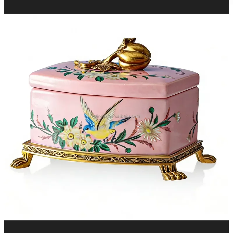 French Traditional Luxury Pink Ceramic Tabletop Vase Hand Painted Bird Flower Brass Olmoru Ornament