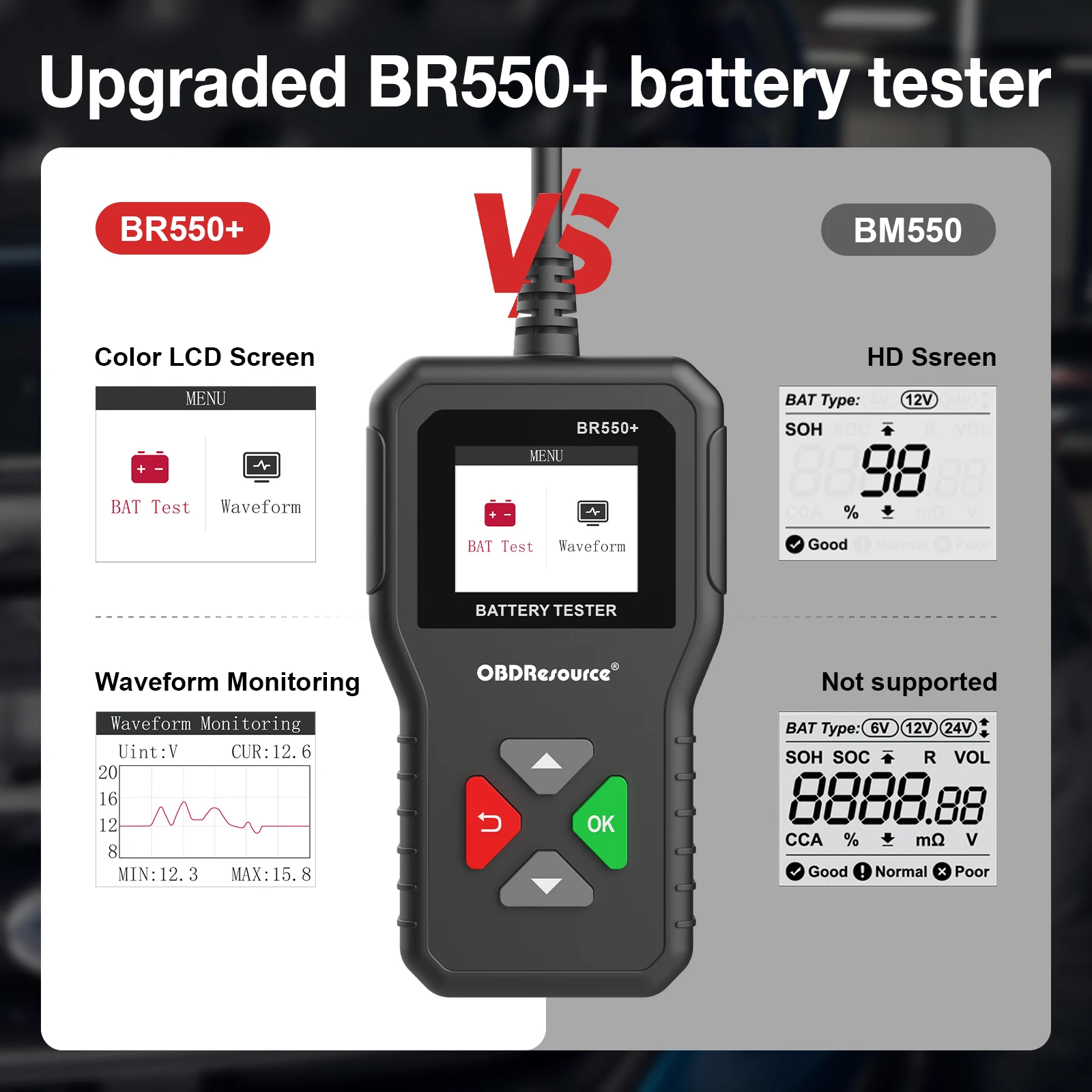 OBDResource Car Battery Tester, Voltage Tester, Auto Digital Battery Analyzer Tool, Color Screen, 6V, 12V, 24V, 100-2000 CCA