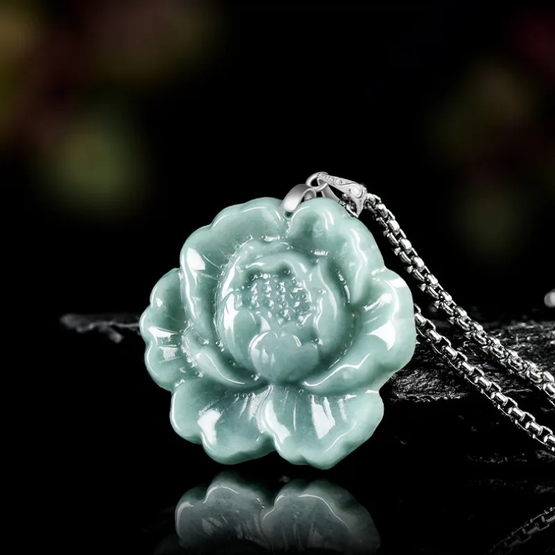 

TIMESWIND Women Natural A-type Jade Peony Flower Pendant Titanium Steel Necklace with Certificate
