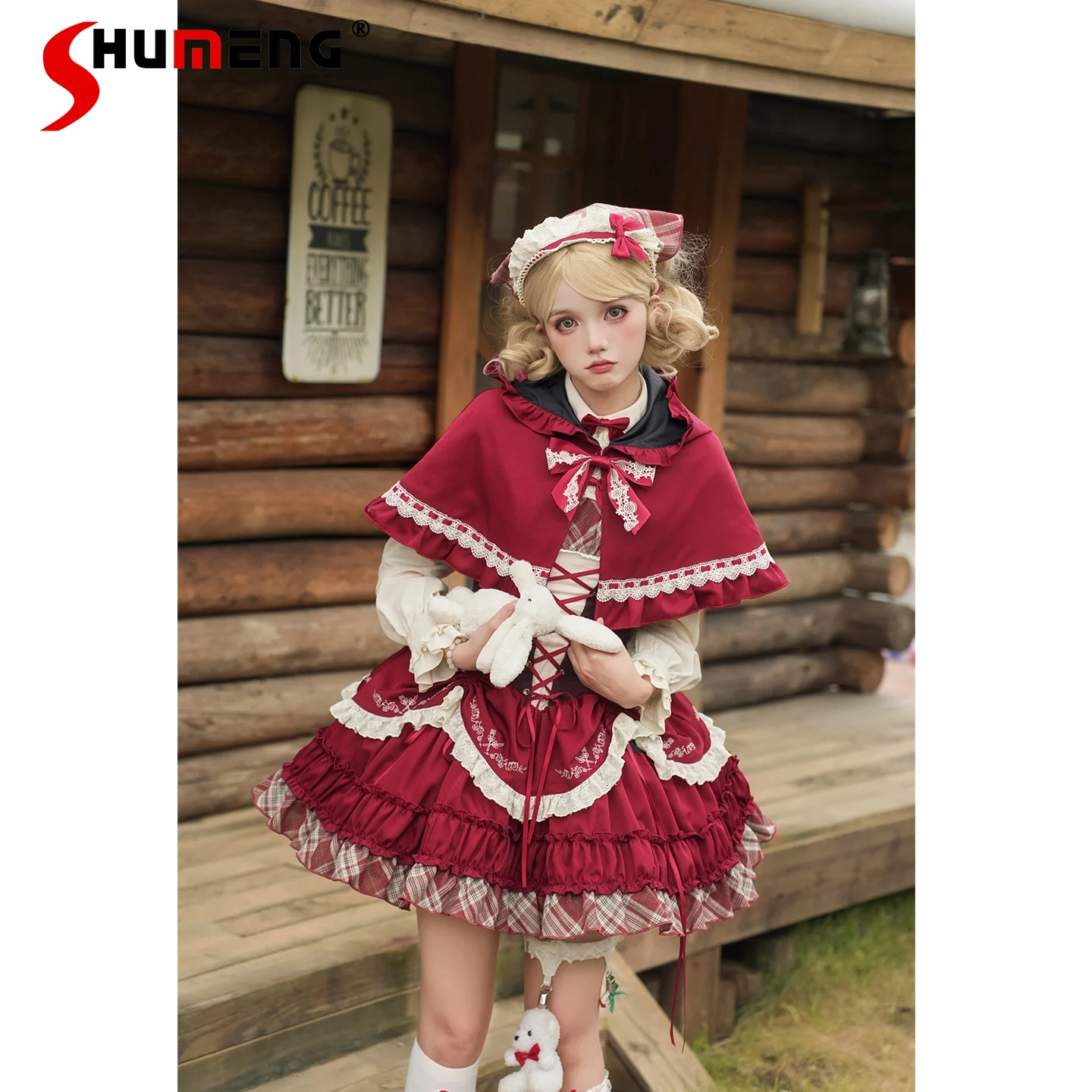 

Оригинальный японский стиль, элегантный ретро-плащ JSK, комплект с квадратным вырезом и бантом на шнуровке, тонкое пышное короткое платье Лолиты с высокой талией для женщин