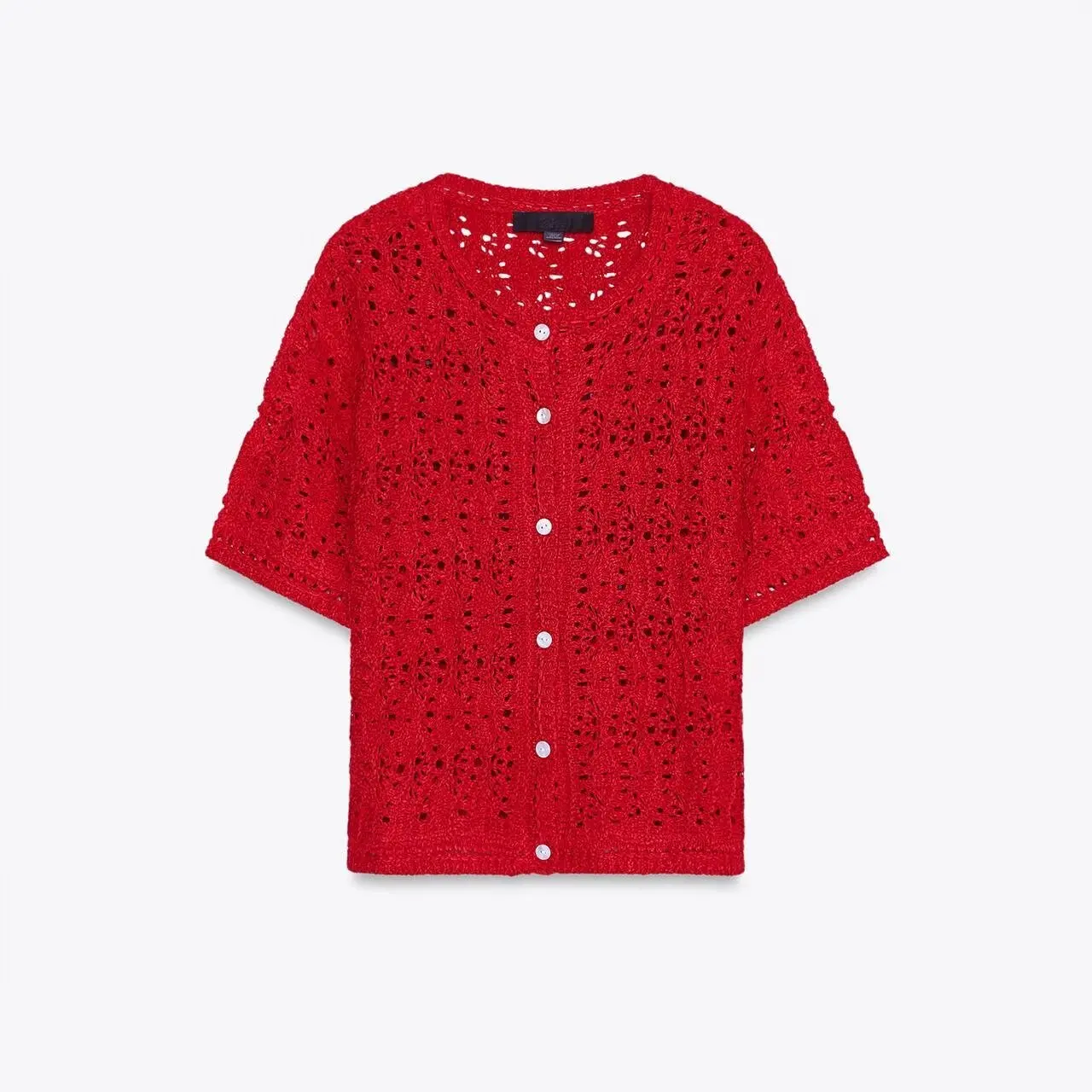 

Модный ажурный вязаный кардиган для женщин, летняя новинка, универсальная корейская версия, приталенный крой, с коротким рукавом, круглый вырез, топ