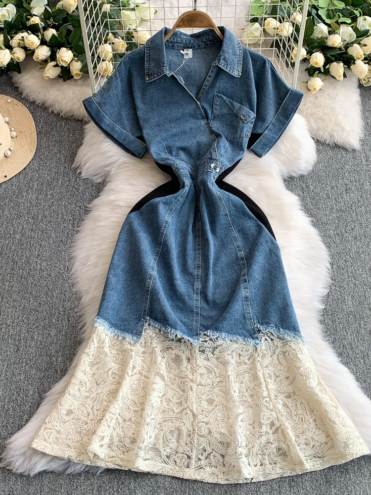 레트로 홍콩 스타일 데님 칼라 반팔 여성 드레스 하이웨이스트 레이스 스플라이스 슬림핏 피쉬테일 스커트 한국 버전
