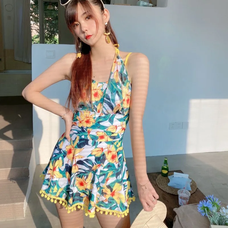 Minsu One-Piece Swimsuit Skirt Boxer Shorts Yellow Vibrant Conservative Pure Girl Vacation Travel Summer
