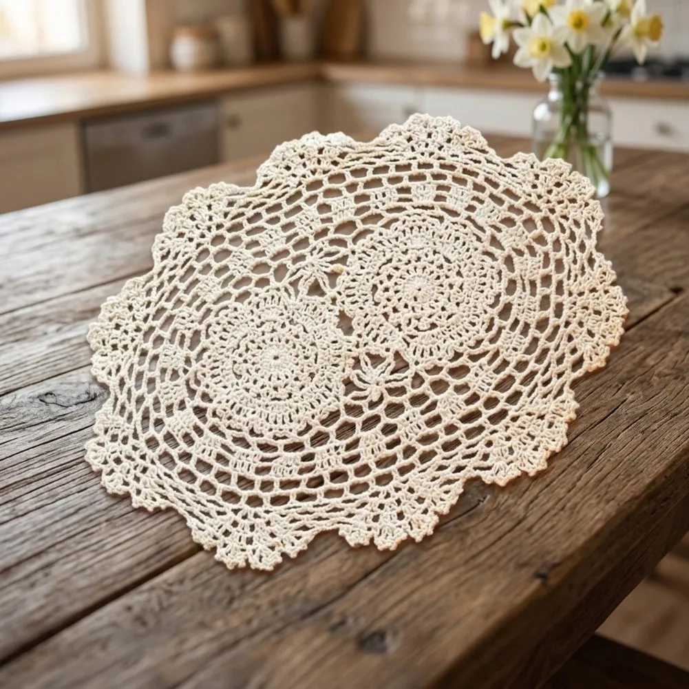Oval Placemat Combining Floral Lace Design and Hand Crochet Craftsmanship in 100 Percent Cotton for Refined Table Styling