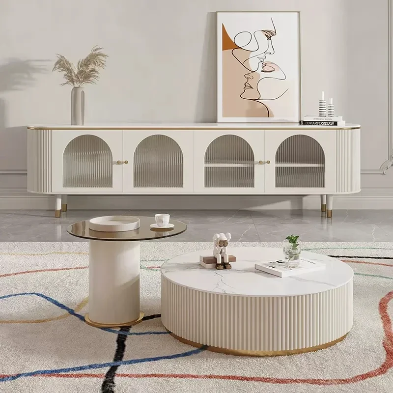 

# Nordic Italian Living Room White Lacquered Coffee Table Marble Tempered Glass With Drawers