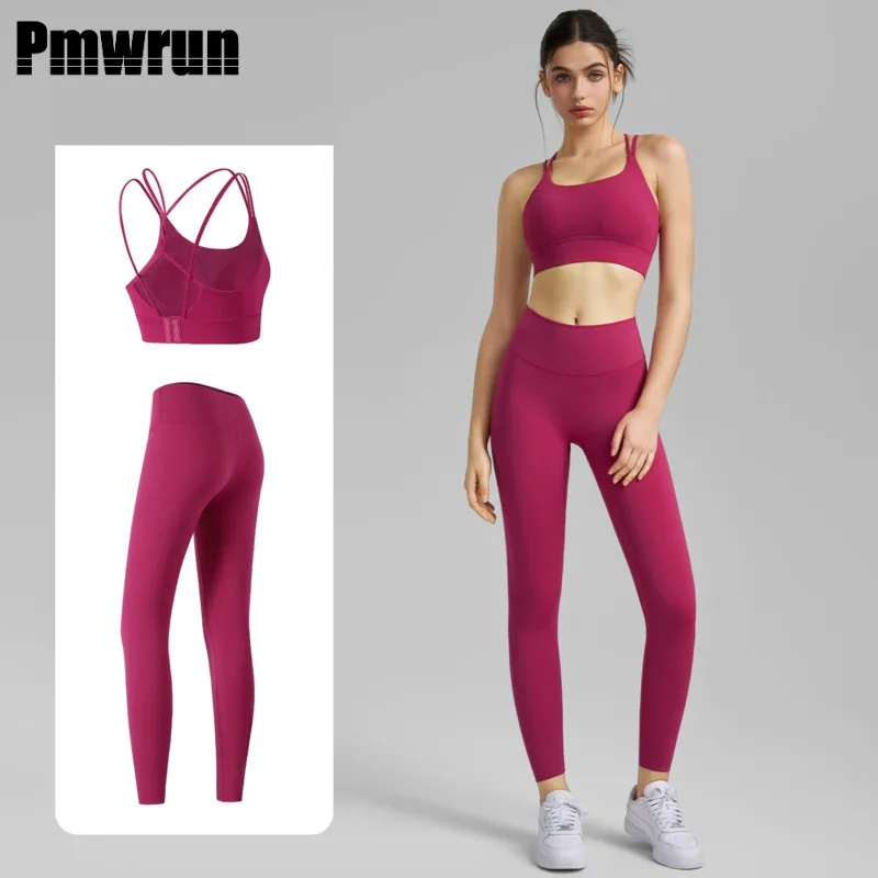 

PMWRUN 2025 New Yoga Fitness Set Tight Peach No Embarrassment Line Yoga Wear Naked Feel Cross Beautiful Back Sport Bra For Women