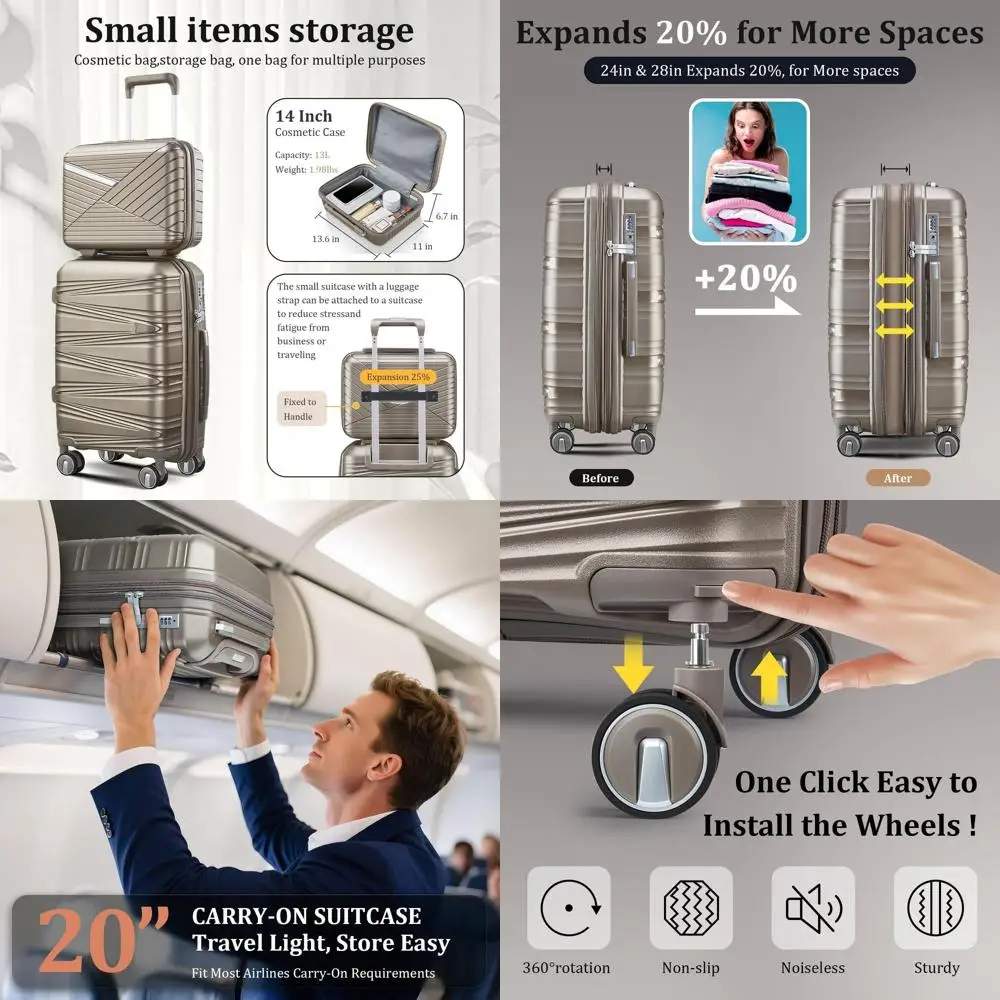 

Набор чемоданов Spinner из 4 предметов, одобренные TSA, расширяемые твердые чемоданы, легкий дорожный набор для мужчин и женщин цвета шампанского