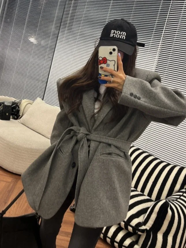 Retro Woolen Suit Jaet Women's Winter New Sle Aosphere Sensation Clothing Korean Loose Belted Waist-Cinching Top