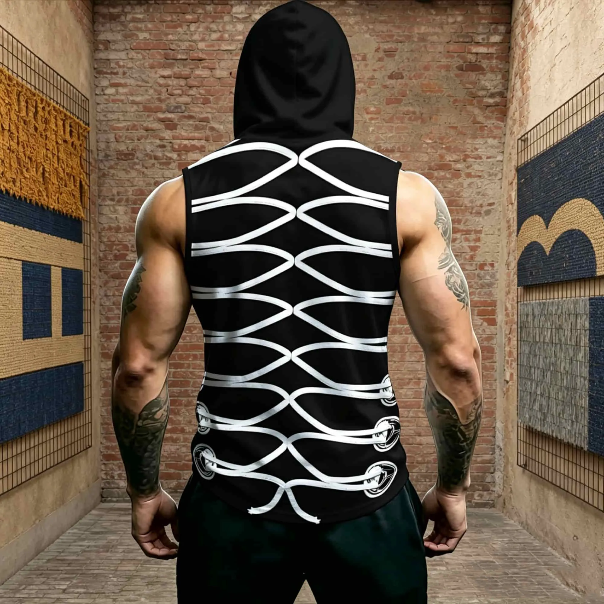 Streetwear Fans Men Sleeveless Hooded Pullover Vest Optical Illusion Faux Strap Buckle Print Tank For Daily Costume Events