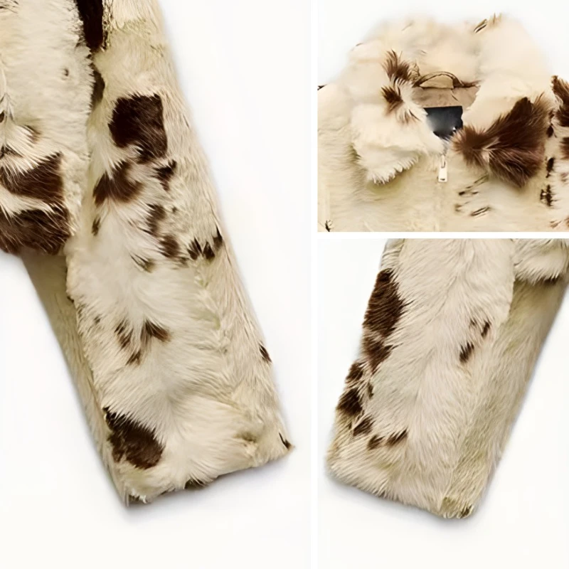 Beige revers nepbont jas met rits streep patchwork kort nep konijn harige jas pluizige pluche jas warme dikke overjas met ritssluiting