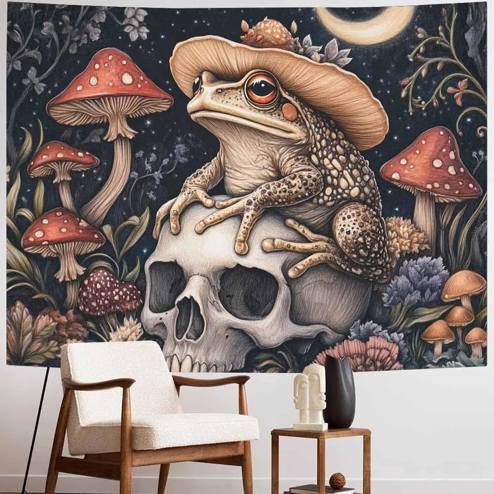 Frog & Mushroom Tapestry – Moon, Stars & Skull Fantasy Floral Wall Art for Bedroom, Dorm or Living Room Decor