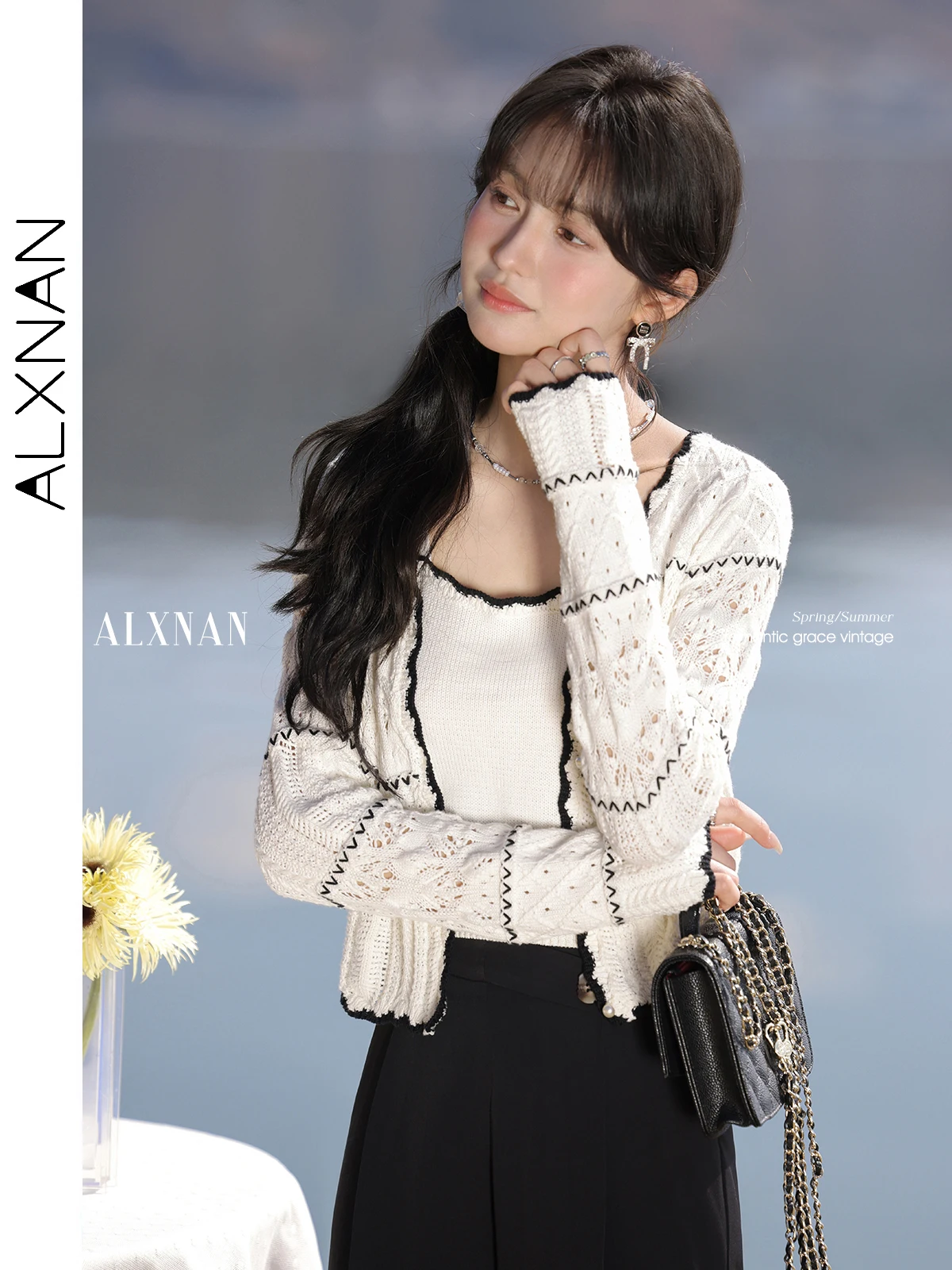 ALXNAN Cardigan Woman Spring Summer New V-neck Knitwear Pearl Buttons Contrast Color Casual Thin Long Sleeve Tops Ladies L529112