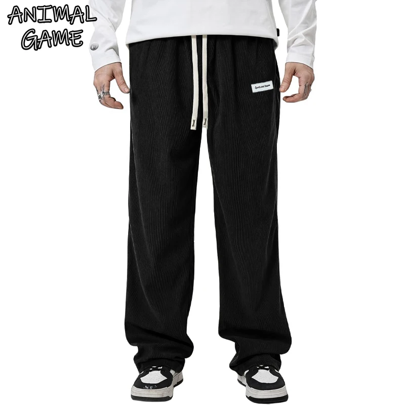 

Animal Game Men's Corduroy Pants Casual Drawstring Elastic Waist Straight Leg Sweatpants with Pockets Baggy Pants Work Trousers