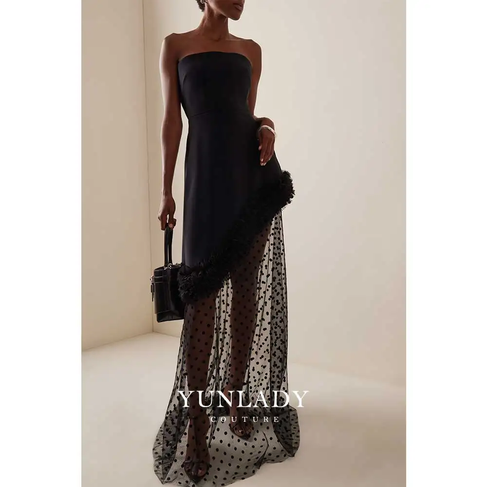 YUNLAN Luxury Black Crepe Off Shoulder Mini Evening Dress 2024 Dubai Wedding Guest Sleeveless Midi Skirt Ball Party 2-Piece Gown