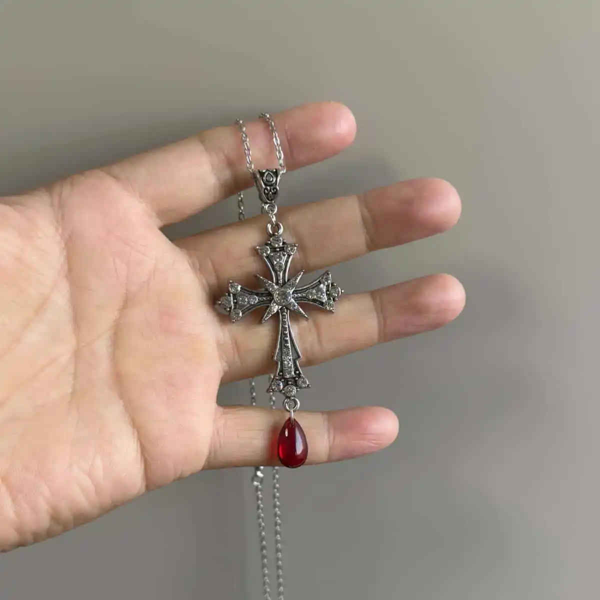 Cuff Extra Large Gothic Cross Necklace, Rhinestone Boys Gothic Red Water Drop Victoria Jewelry Cross Necklace Vintage