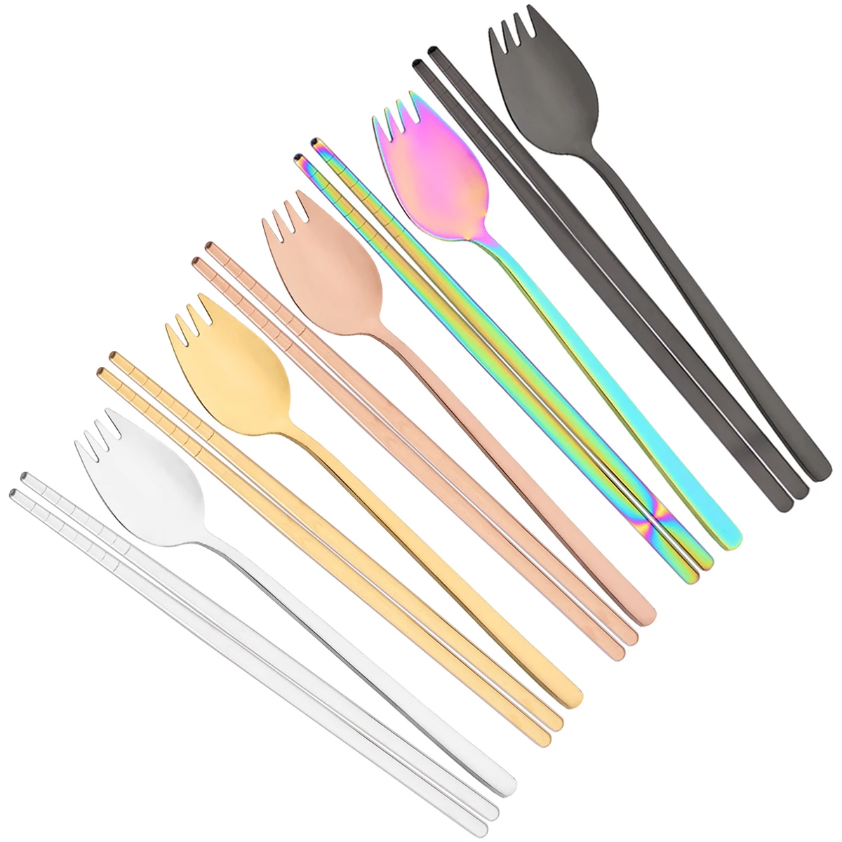 

10pcs Integrated Salad Spoon Fork Cutlery Set Stainless Steel Sushi Chopsticks Dinnerware Western Service Fork Spoon Flatware