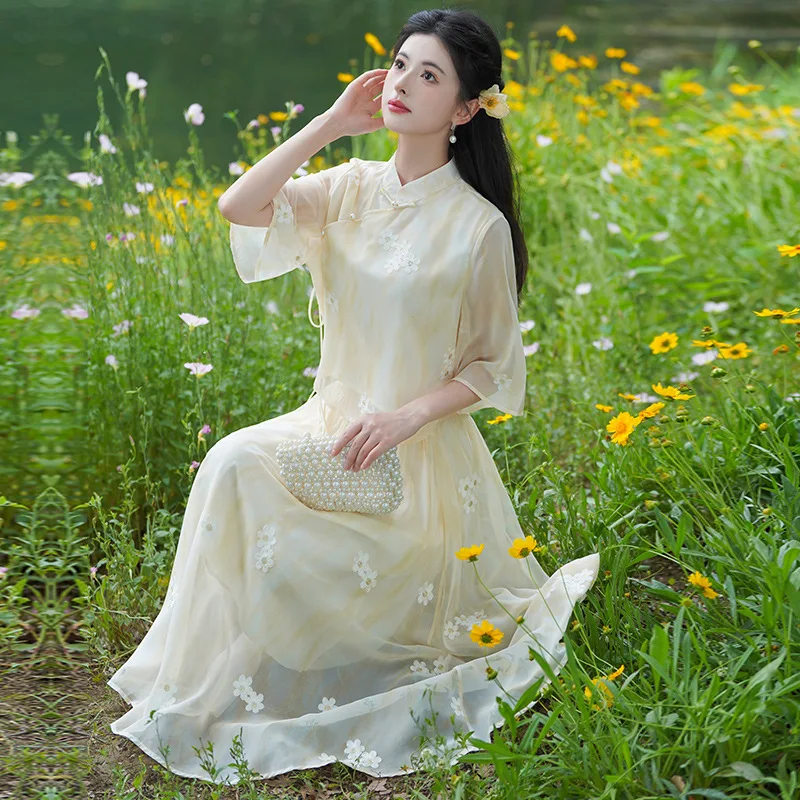 

Yourqipao Summer Chinese Style Dress Fashion Tang Suit Stand-up Collar Slanted Hanfu Embroidered Tops Skirt Sets for Women