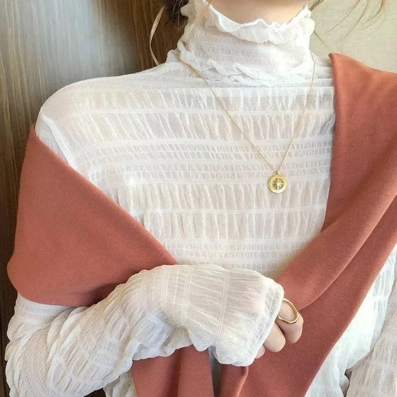 Fashion Women Long Sleeve Tops Korean Streetwear Loose Solid Sexy Club Summer Casual Transparent Thin Folds Tee Shirt