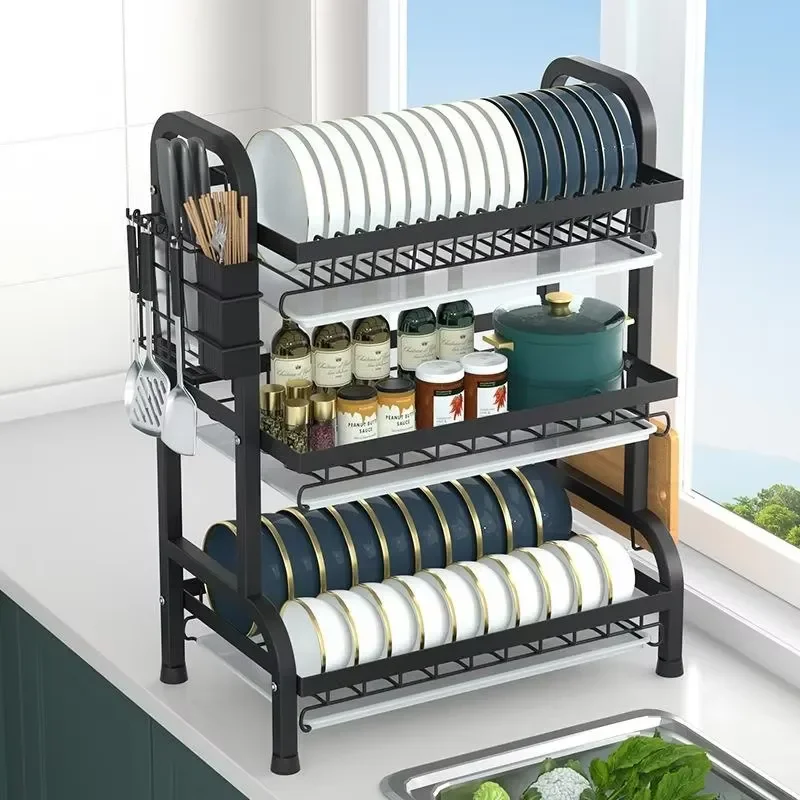 Durable Mildew Proof 3 Tier Vertical Rust Proof Metal Plate Drying Rack Kitchen Utensil Tableware Storage Shelf Organizer