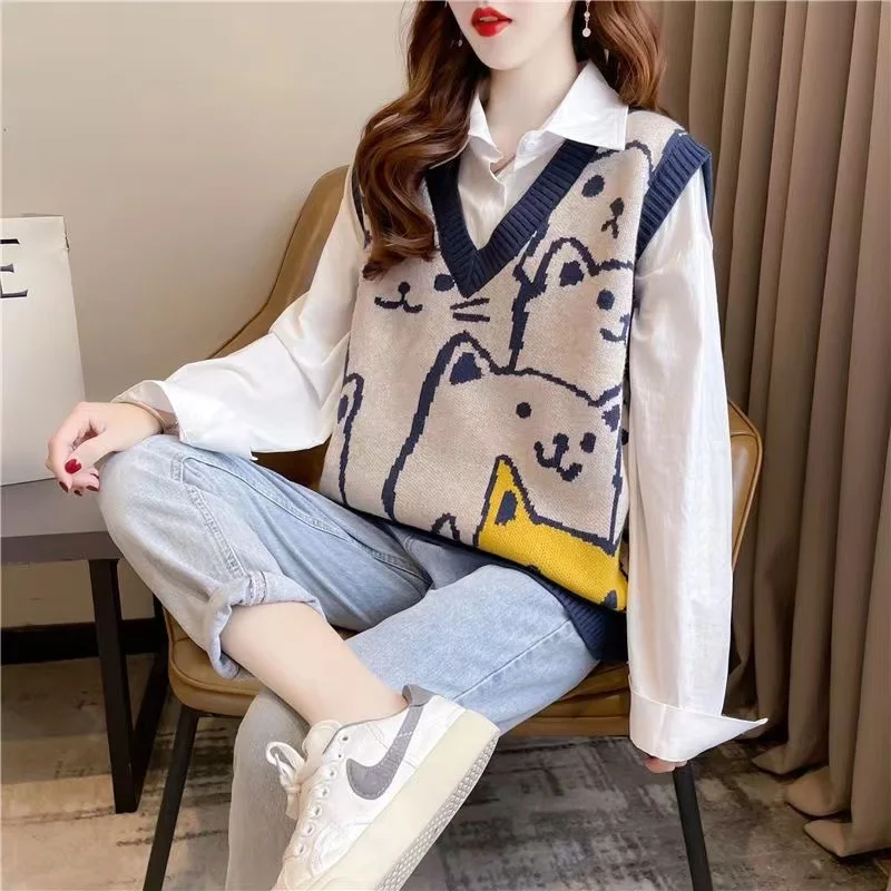 Brand Women's Knitted Vest Tank Top Cut Label Autumn Winter Popular Outerwear Ladies' Warmth Clothing V-neck Loose Fit