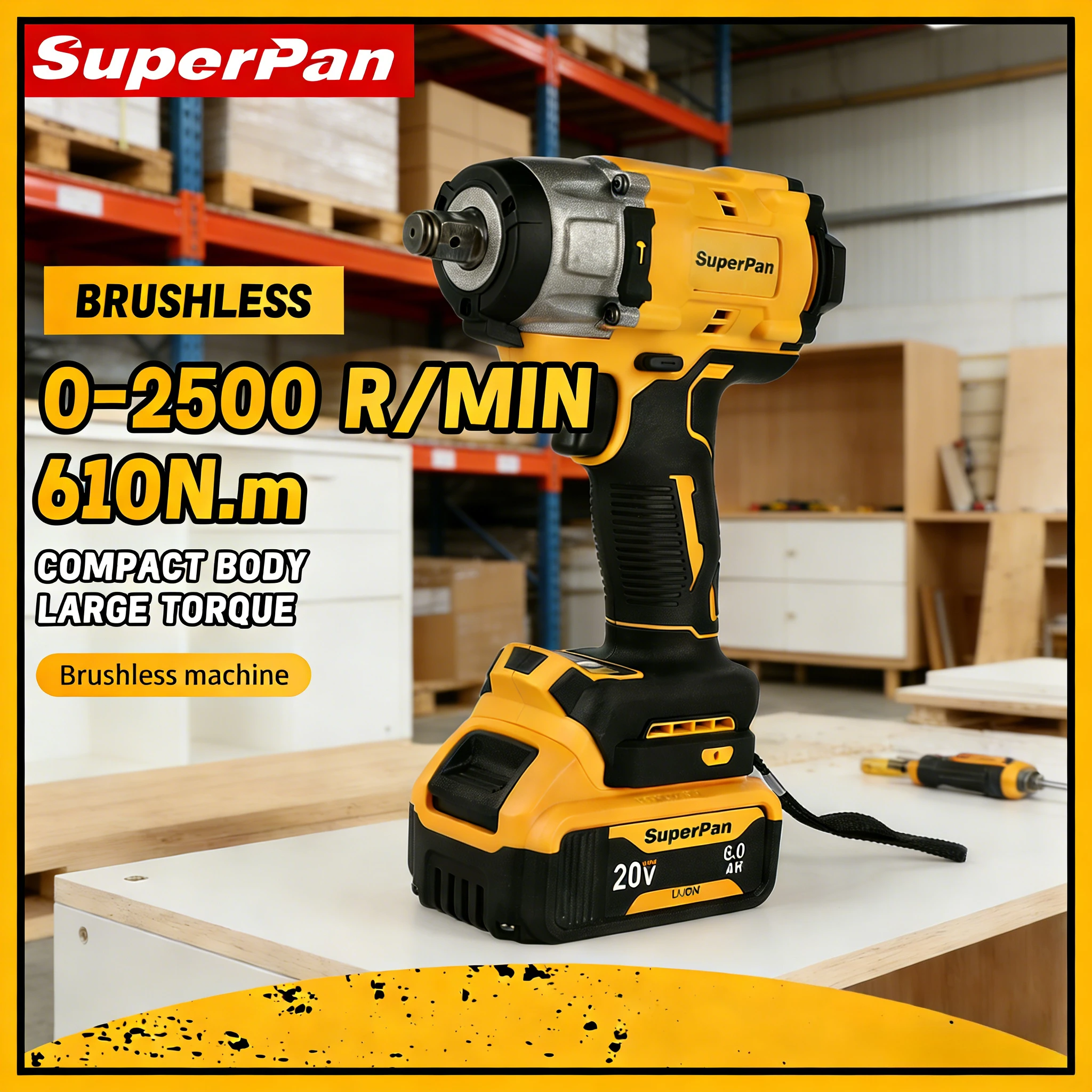 

Ударный гайковерт SuperPan SP922, электроинструмент с эргономичной рукояткой для гаражного ремонта и обслуживания автооборудования, совместим с аккумулятором DeWalt 20V.