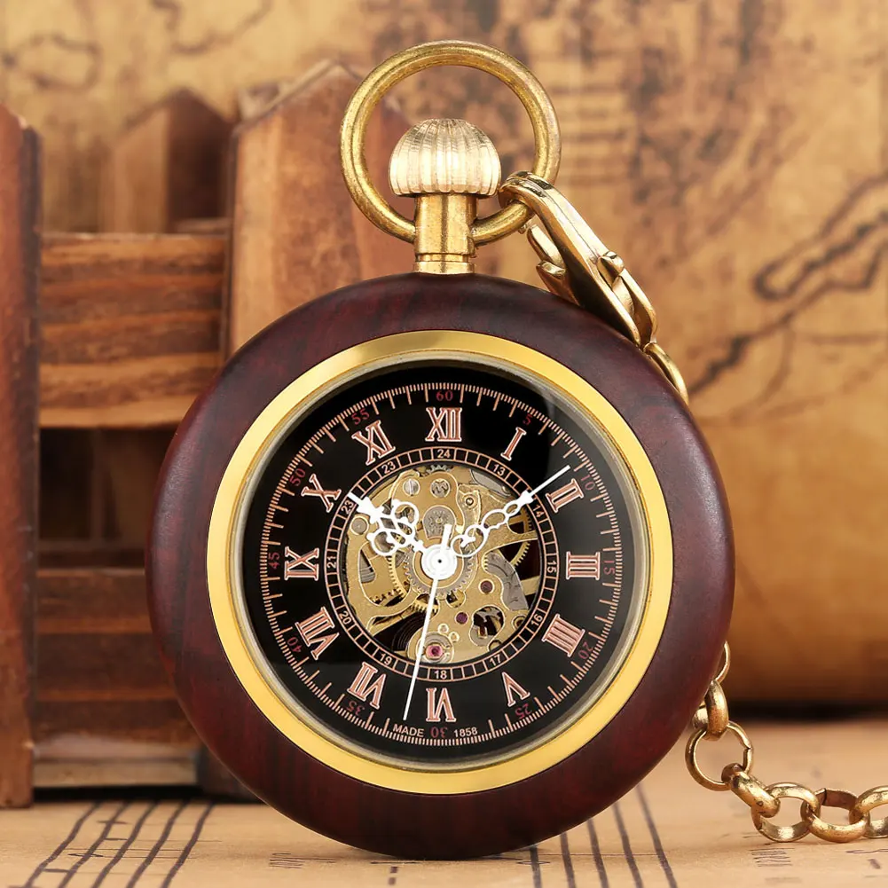 Reloj de bolsillo mecánico automático de madera roja Vintage para hombre, esfera con números romanos, diseño de cara abierta, reloj colgante con estilo antiguo