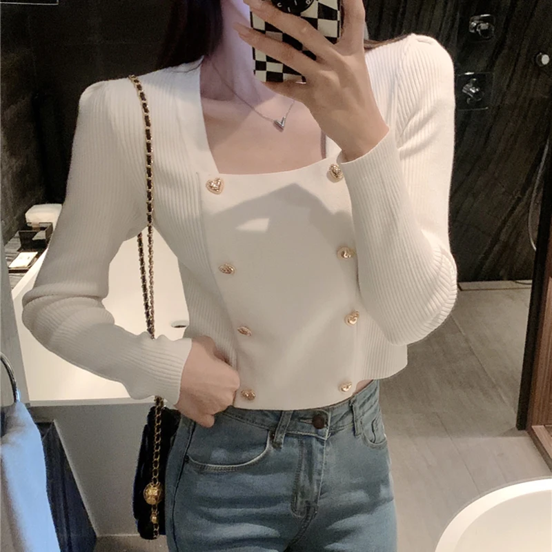 MEXZT White Cropped Sweater Women Black Square Collar Knitted Pullovers Korean Fashion Long Sleeve Knitwear Fall Winter Jumpers