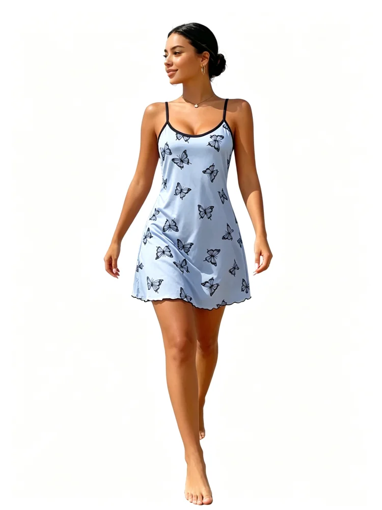 Butterfly Print Sexy Nightgown for Women Spaghetti Strap Sleep Dress Silky Homewear Summer Loungewear Nightwear Slip