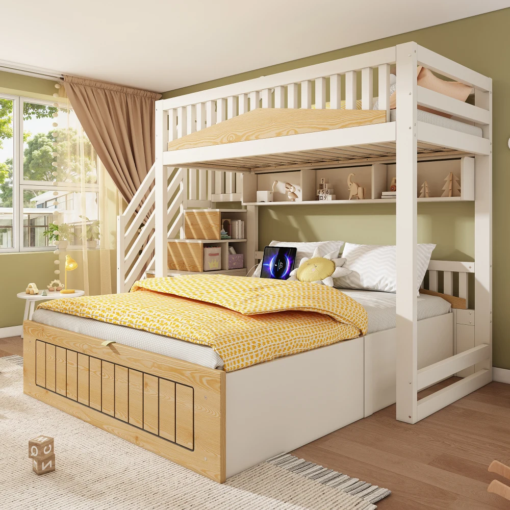 Lit superposé en bois pour enfants 90x200 et 140x200 cm avec armoire de rangement hydraulique, escalier, barrières de sécurité, connexion USB-C, lit superposé familial décalé pour plusieurs enfants, blanc et naturel, sans matelas